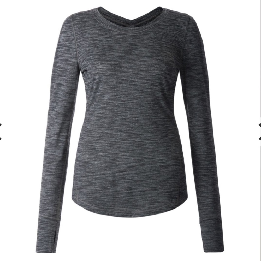 Lululemon 5 Mile Long Sleeve Top Heathered Black Grey Thumbholes Sz 8 Round Neck